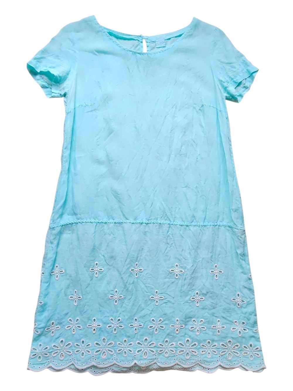 120% Lino Light Aqua Linen Drop-waist Eyelet Accent Mini Dress Broderie Anglaise